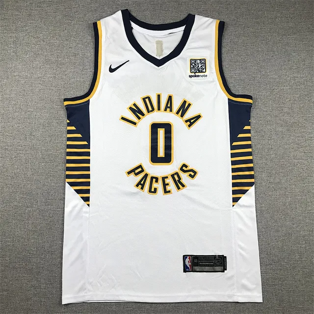 Maillot Nike Indiana Pacers No. 0 Tyrese Haliburton blanc et bleu marine en mesh Swingman avec empiècements latéraux à rayures dorées 2