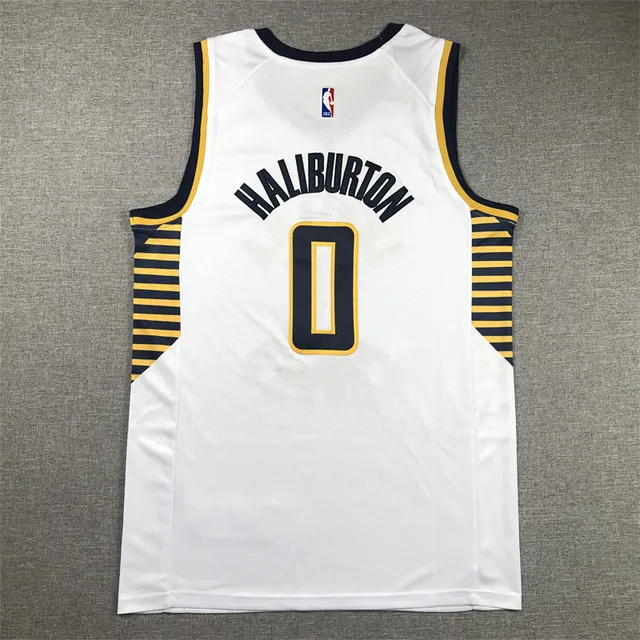 Maillot Nike Indiana Pacers No. 0 Tyrese Haliburton blanc et bleu marine en mesh Swingman avec empiècements latéraux à rayures dorées 3