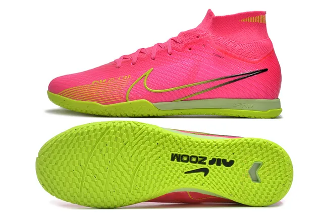 Nike Chaussures de soccer indoor à col de chaussette rose et vert Flyknit upper 6