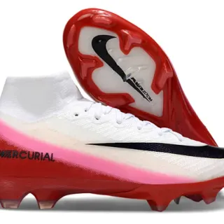 Nike Red White High-Cut Sock-Fit Upper Flyknit Construction Firm-Ground Soccer Shoes