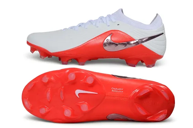 Nike Red White Low-Cut Synthetic Upper Metallic Silver Swoosh Firm-Ground Soccer Shoes 6