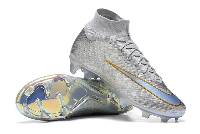 Nike Silver Gold High-Cut Sock-Fit Upper Iridescent Metallic Finish Firm-Ground Soccer Shoes 6