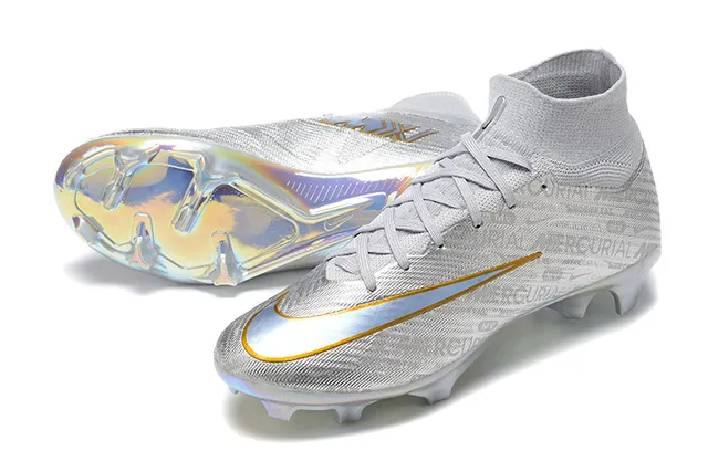 Nike Silver Gold High-Cut Sock-Fit Upper Iridescent Metallic Finish Firm-Ground Soccer Shoes 7