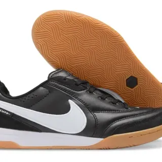 Nike Tiempo Black White Leather Upper Low-Top Indoor Soccer Shoes