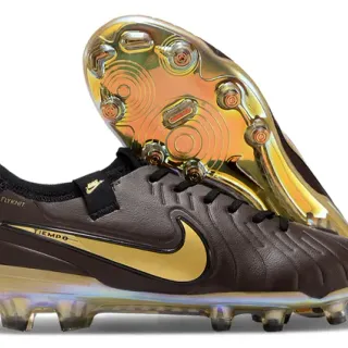 Nike Tiempo Brown Gold Quilted Leather Upper Swoosh Accent Firm-Ground Soccer Shoes