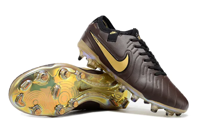 Nike Tiempo Brown Gold Quilted Leather Upper Swoosh Accent Firm-Ground Soccer Shoes 4