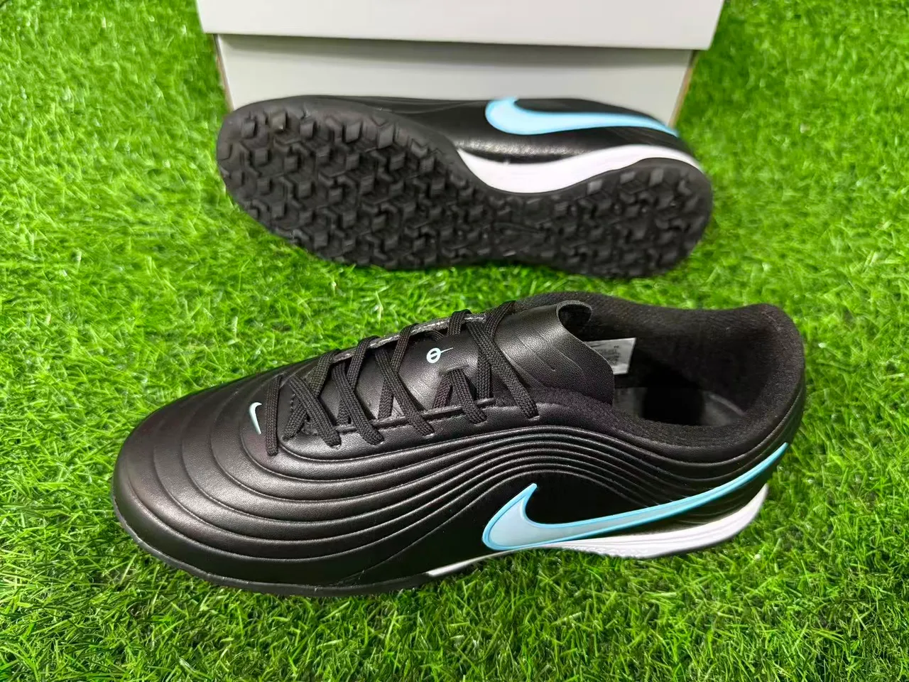 Nike Tiempo Legend Black Light Blue Artificial-Grass Soccer Shoes 7