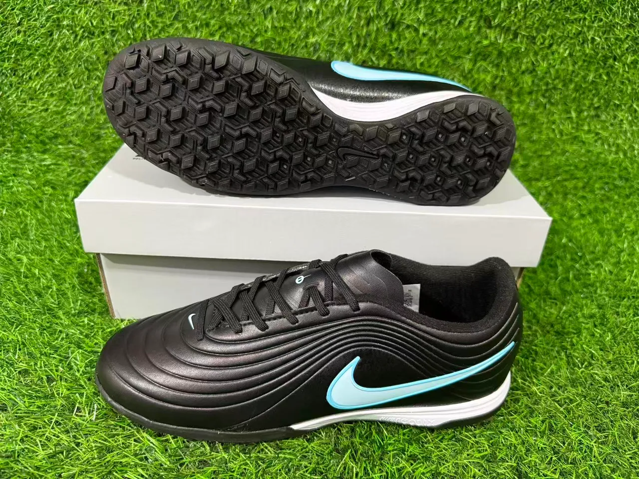 Nike Tiempo Legend Black Light Blue Artificial-Grass Soccer Shoes 8