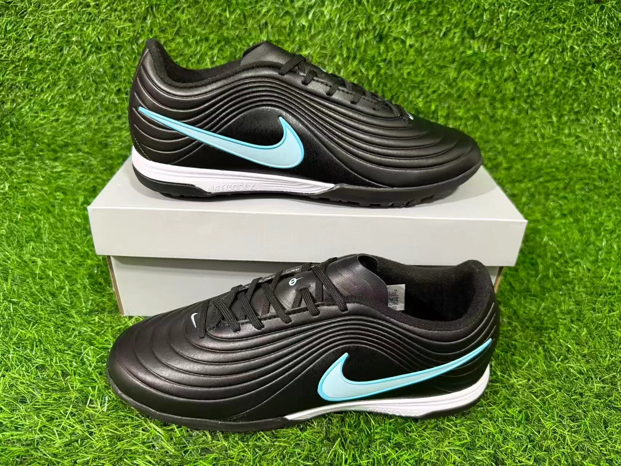 Nike Tiempo Legend Black Light Blue Artificial-Grass Soccer Shoes 9