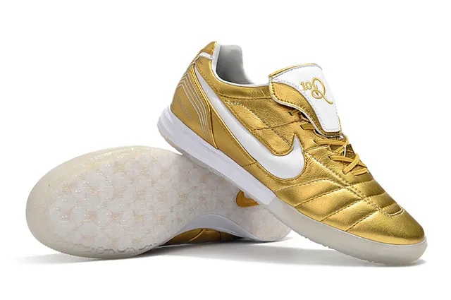 Nike Tiempo Legend Branco Dourado Couro Quiltado Superior Swoosh Metálico Sapatos de Futebol Indoor 5