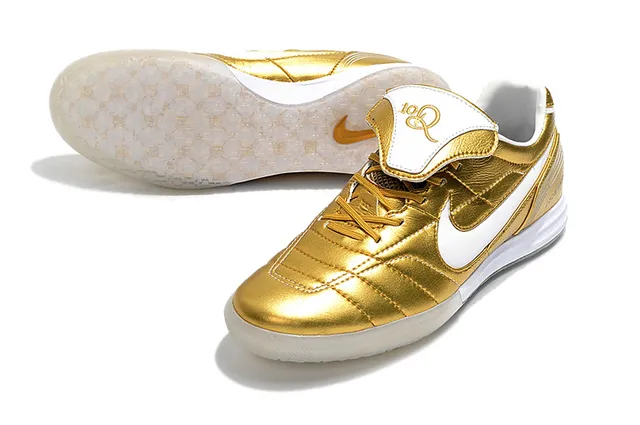 Nike Tiempo Legend Branco Dourado Couro Quiltado Superior Swoosh Metálico Sapatos de Futebol Indoor 6