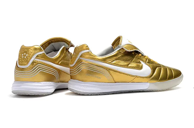 Nike Tiempo Legend Branco Dourado Couro Quiltado Superior Swoosh Metálico Sapatos de Futebol Indoor 7