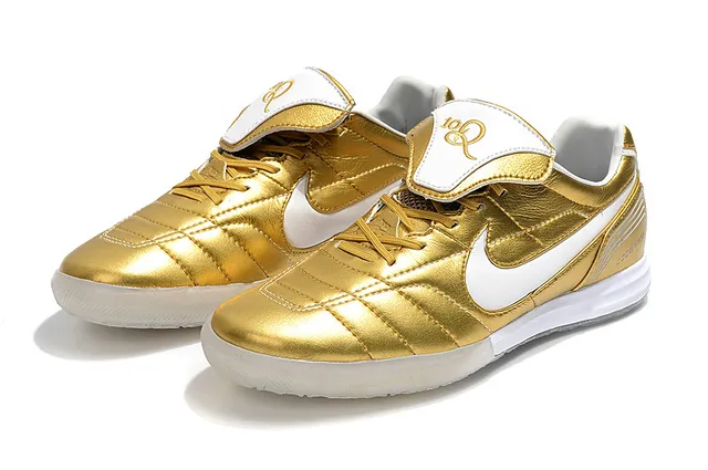 Nike Tiempo Legend Branco Dourado Couro Quiltado Superior Swoosh Metálico Sapatos de Futebol Indoor 8