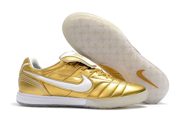 Nike Tiempo Legend Branco Dourado Couro Quiltado Superior Swoosh Metálico Sapatos de Futebol Indoor 9