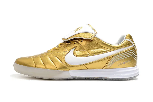 Nike Tiempo Legend Branco Dourado Couro Quiltado Superior Swoosh Metálico Sapatos de Futebol Indoor 11