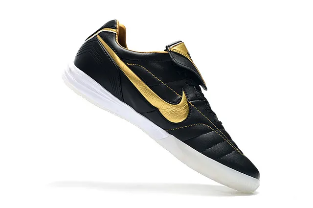 Nike Tiempo Legend Branco Dourado Couro Quiltado Superior Swoosh Metálico Sapatos de Futebol Indoor 13