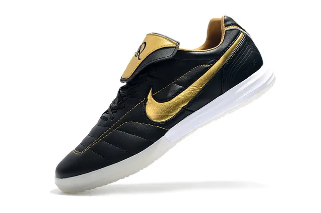 Nike Tiempo Legend Branco Dourado Couro Quiltado Superior Swoosh Metálico Sapatos de Futebol Indoor 14