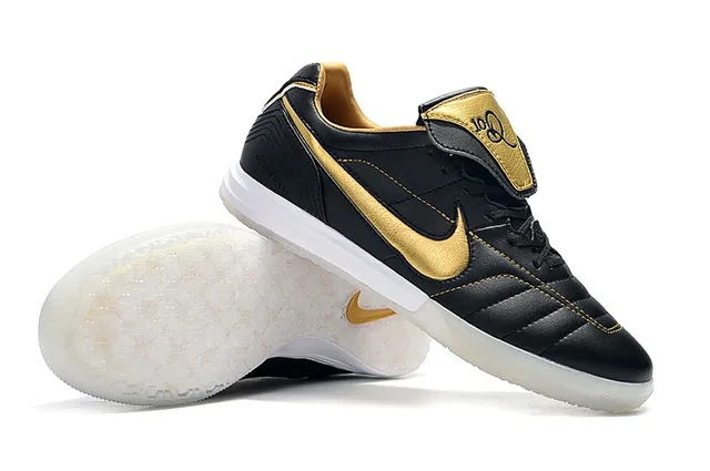 Nike Tiempo Legend Branco Dourado Couro Quiltado Superior Swoosh Metálico Sapatos de Futebol Indoor 15
