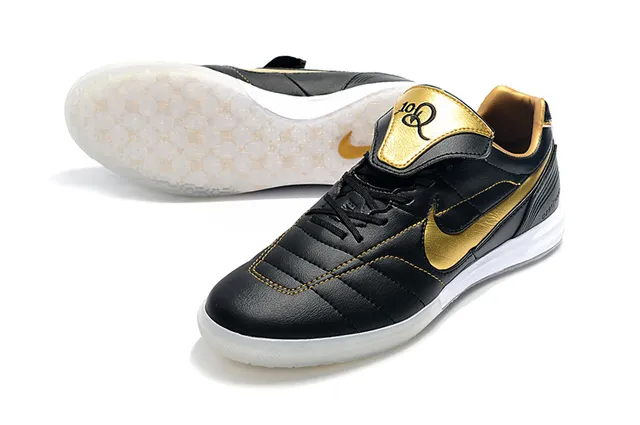 Nike Tiempo Legend Branco Dourado Couro Quiltado Superior Swoosh Metálico Sapatos de Futebol Indoor 16