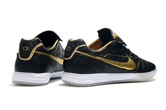 Nike Tiempo Legend Branco Dourado Couro Quiltado Superior Swoosh Metálico Sapatos de Futebol Indoor 17
