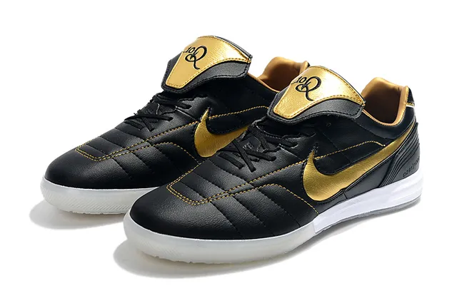 Nike Tiempo Legend Branco Dourado Couro Quiltado Superior Swoosh Metálico Sapatos de Futebol Indoor 18