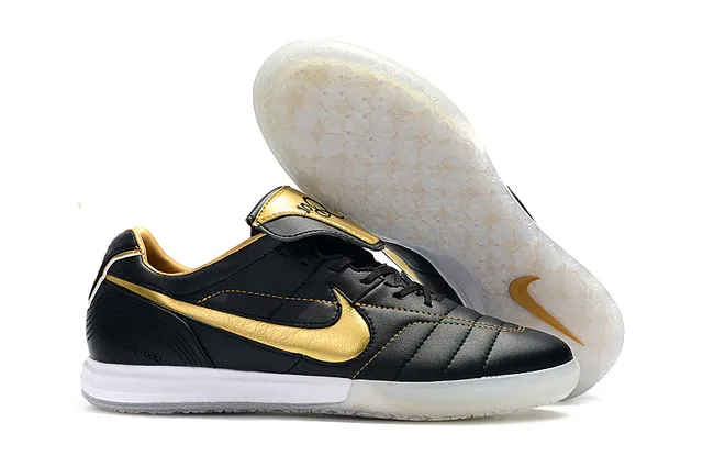 Nike Tiempo Legend Branco Dourado Couro Quiltado Superior Swoosh Metálico Sapatos de Futebol Indoor 19