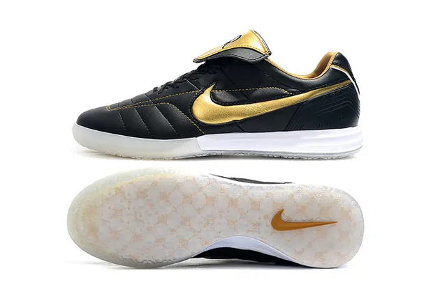 Nike Tiempo Legend Branco Dourado Couro Quiltado Superior Swoosh Metálico Sapatos de Futebol Indoor 20