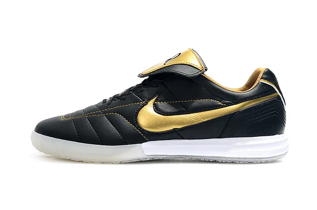 Nike Tiempo Legend Branco Dourado Couro Quiltado Superior Swoosh Metálico Sapatos de Futebol Indoor 21