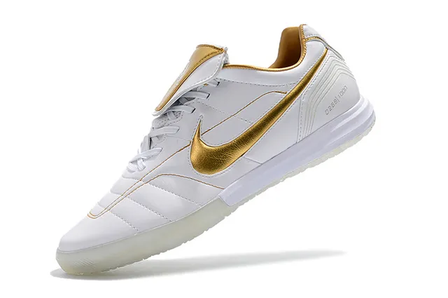 Nike Tiempo Legend Branco Dourado Couro Quiltado Superior Swoosh Metálico Sapatos de Futebol Indoor 24