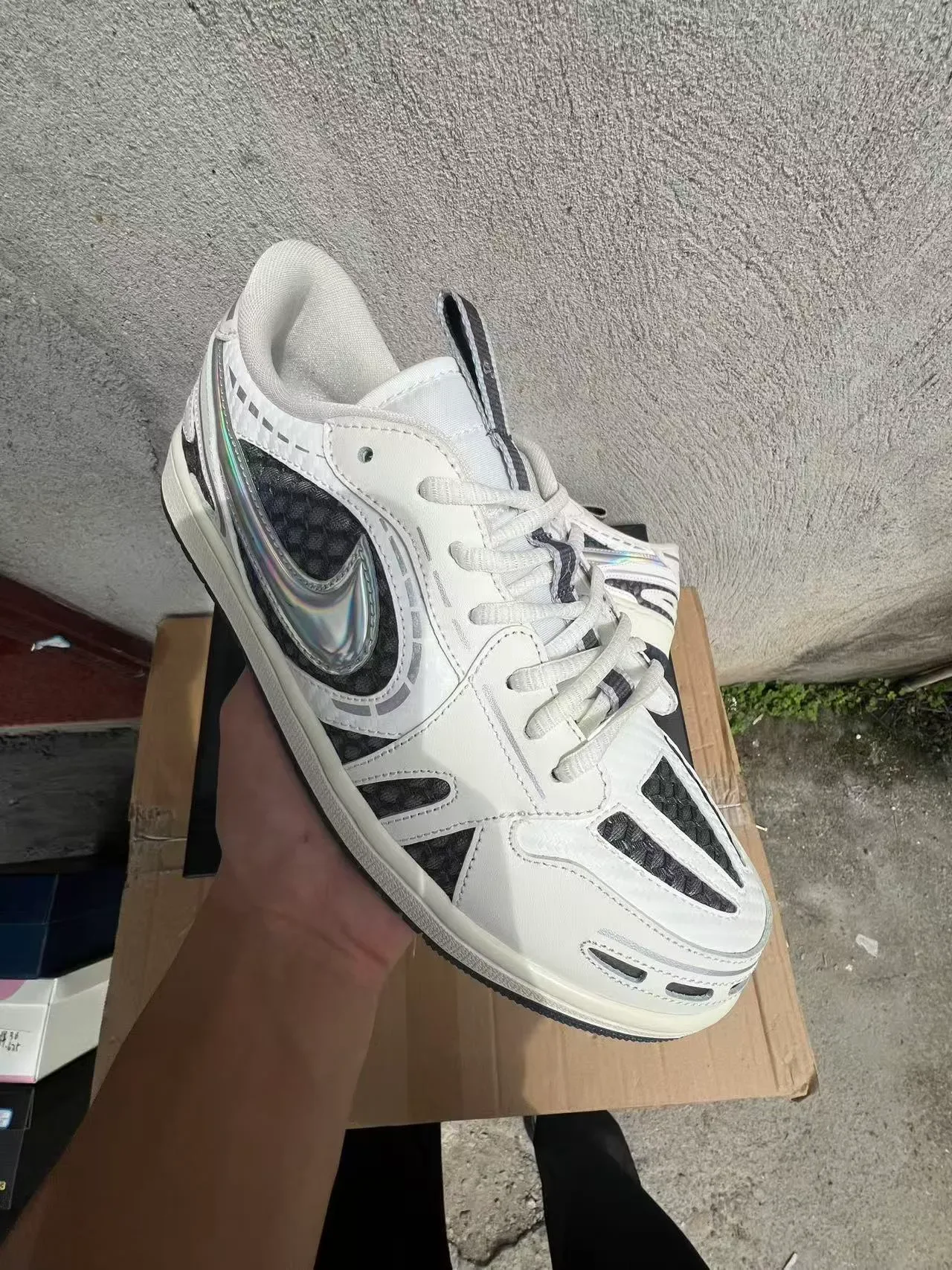 Nike White Black Layered Synthetic Overlays Iridescent Swoosh Sneakers 2