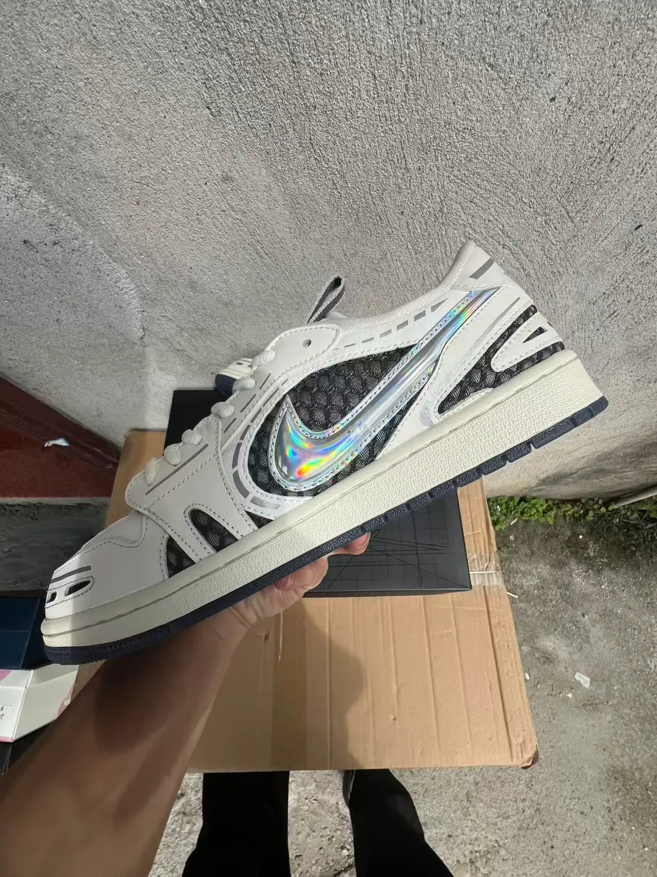 Nike White Black Layered Synthetic Overlays Iridescent Swoosh Sneakers 5