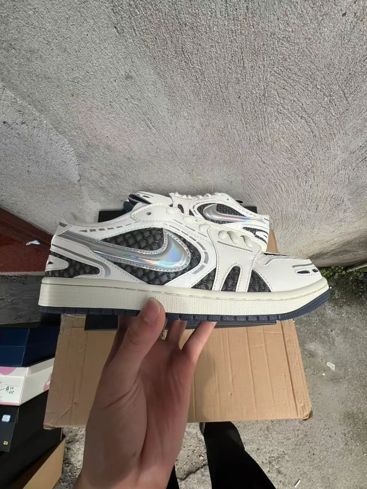 Nike White Black Layered Synthetic Overlays Iridescent Swoosh Sneakers 7