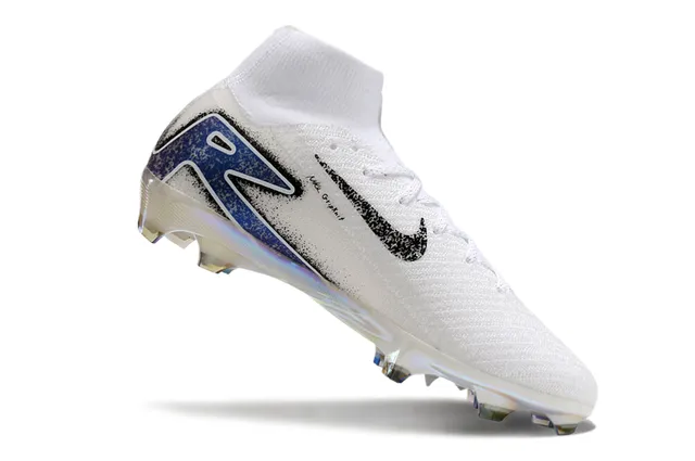 Nike Blanc Bleu Haut-Coupé Tricot Supérieur Iridescent Holographique Plaque de Semelle Terrain Firme Chaussures de Football 2