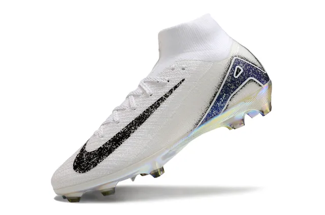 Nike Blanc Bleu Haut-Coupé Tricot Supérieur Iridescent Holographique Plaque de Semelle Terrain Firme Chaussures de Football 3