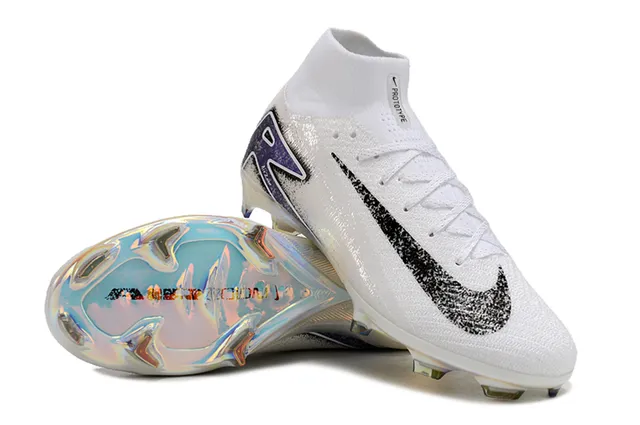 Nike Blanc Bleu Haut-Coupé Tricot Supérieur Iridescent Holographique Plaque de Semelle Terrain Firme Chaussures de Football 4