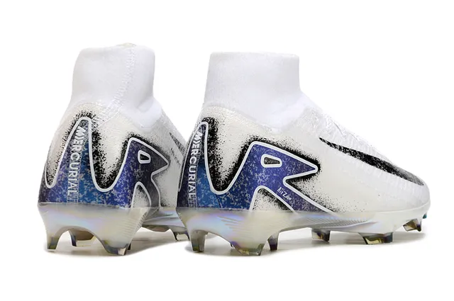 Nike Blanc Bleu Haut-Coupé Tricot Supérieur Iridescent Holographique Plaque de Semelle Terrain Firme Chaussures de Football 5