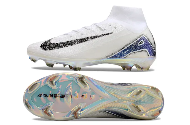 Nike Blanc Bleu Haut-Coupé Tricot Supérieur Iridescent Holographique Plaque de Semelle Terrain Firme Chaussures de Football 6