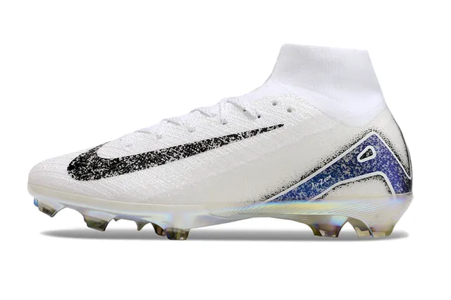 Nike Blanc Bleu Haut-Coupé Tricot Supérieur Iridescent Holographique Plaque de Semelle Terrain Firme Chaussures de Football 7