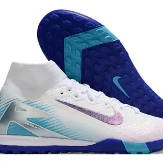 Nike White Blue High-Top Sock-Fit Collar Iridescent Swoosh Turf Soccer Shoes