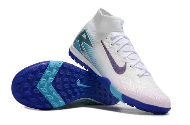 Nike White Blue High-Top Sock-Fit Collar Iridescent Swoosh Turf Soccer Shoes 2