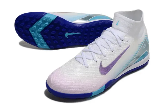 Nike White Blue High-Top Sock-Fit Collar Iridescent Swoosh Turf Soccer Shoes 3