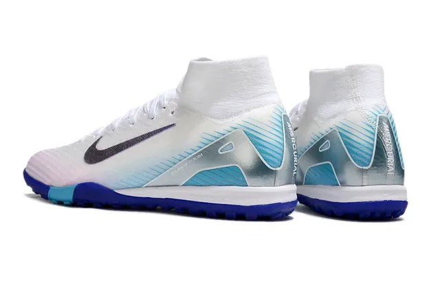 Nike White Blue High-Top Sock-Fit Collar Iridescent Swoosh Turf Soccer Shoes 4
