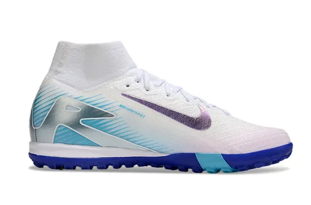 Nike White Blue High-Top Sock-Fit Collar Iridescent Swoosh Turf Soccer Shoes 5