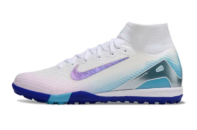 Nike White Blue High-Top Sock-Fit Collar Iridescent Swoosh Turf Soccer Shoes 6