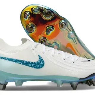 Nike White Blue Knit Upper Iridescent Outsole Firm-Ground Soccer Shoes