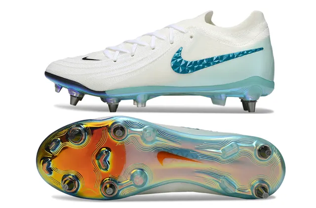 Nike White Blue Knit Upper Iridescent Outsole Firm-Ground Soccer Shoes 6