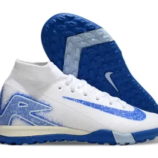 Nike White Blue Knit Upper Sock-Fit Collar Turf Soccer Shoes