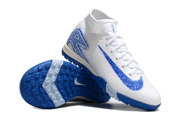 Nike White Blue Knit Upper Sock-Fit Collar Turf Soccer Shoes 2