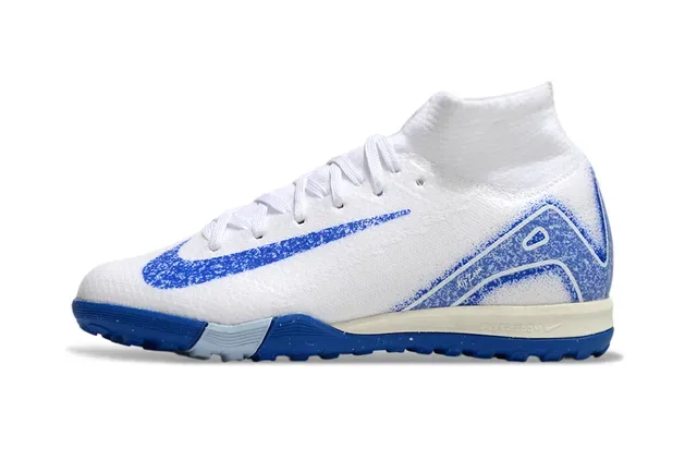 Nike White Blue Knit Upper Sock-Fit Collar Turf Soccer Shoes 6