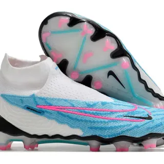 Nike White Blue Sock-Fit Knit Upper Asymmetrical Hidden Lacing Firm-Ground Soccer Shoes